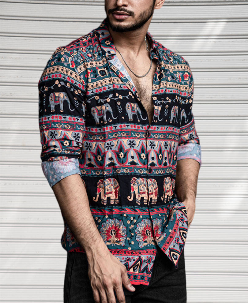 Mint Green Tribal Print Full Sleeves Shirt