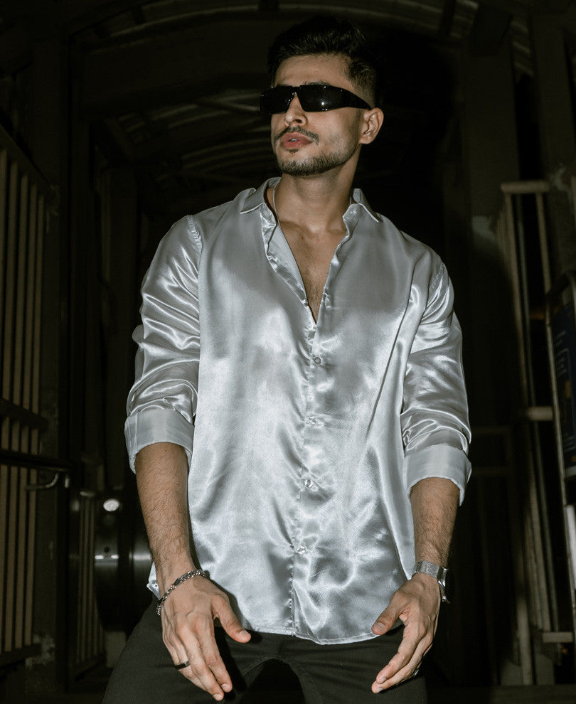 Silver Color Satin Full Sleeves Shirt