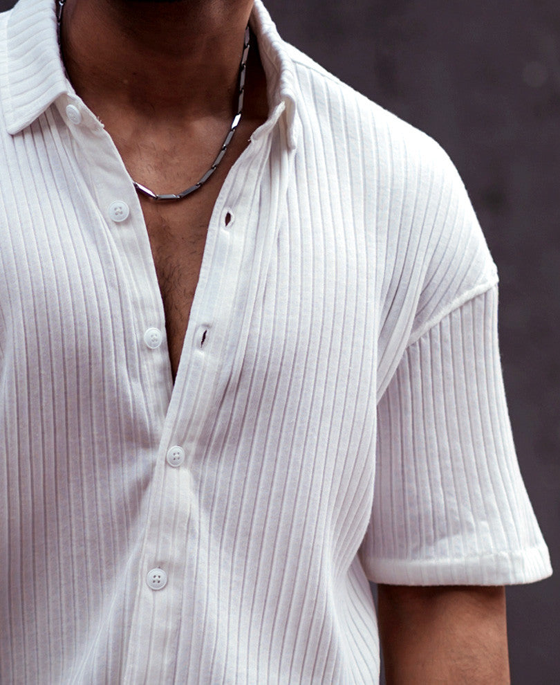White Rib Knit Oversize Drop Shoulder Shirt