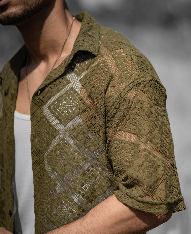 Olive Green Sheer Pattern Oversize Drop Shoulder Shirt