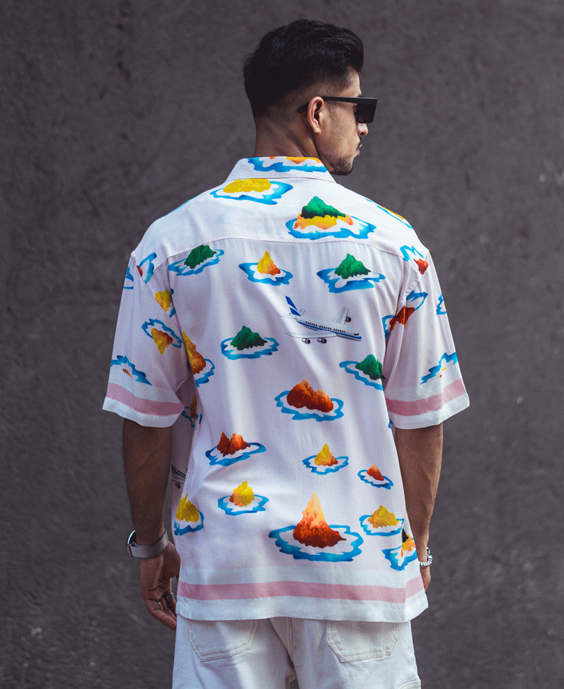 Light Pink Island Print Oversize Drop Shoulder Shirt