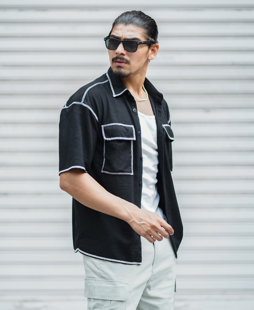 Black Contrast Stitch Oversize Drop Shoulder Shirt