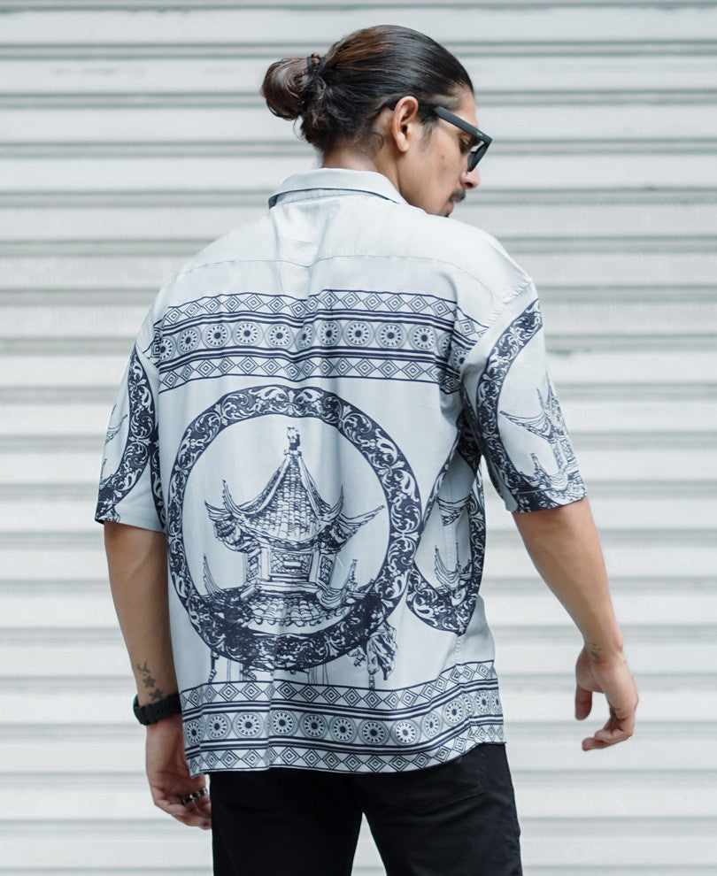 Grey Vintage Print Oversize Drop Shoulder Shirt