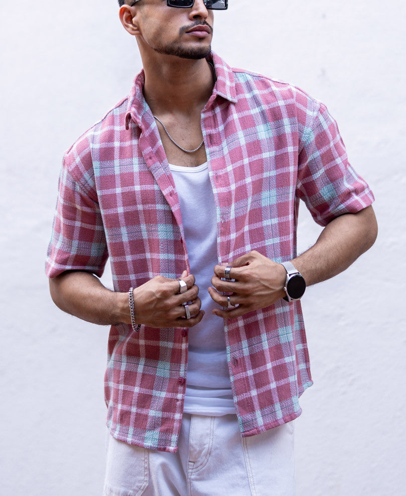 Light Maroon Checks Oversized Drop Shoulder Shirt