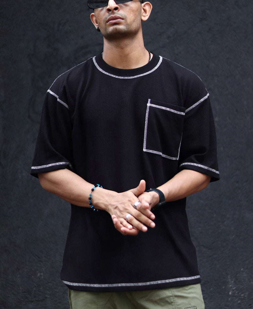 Black Contrast Stitch Oversize Drop Shoulder T Shirt