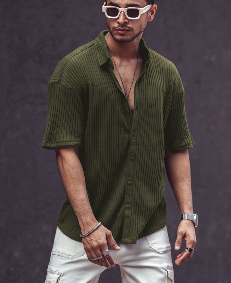 Olive Green Rib-Knit Oversize Drop Shoulder Shirt
