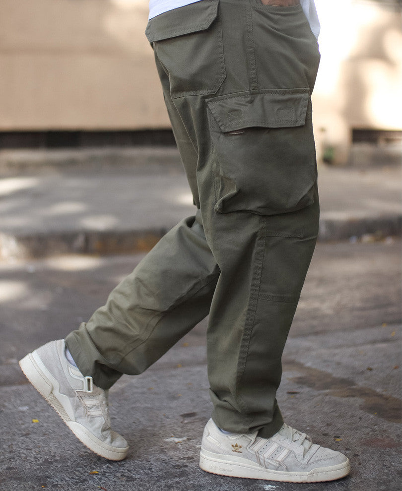 Olive Green Cargo Pocket Baggy Fit Jeans
