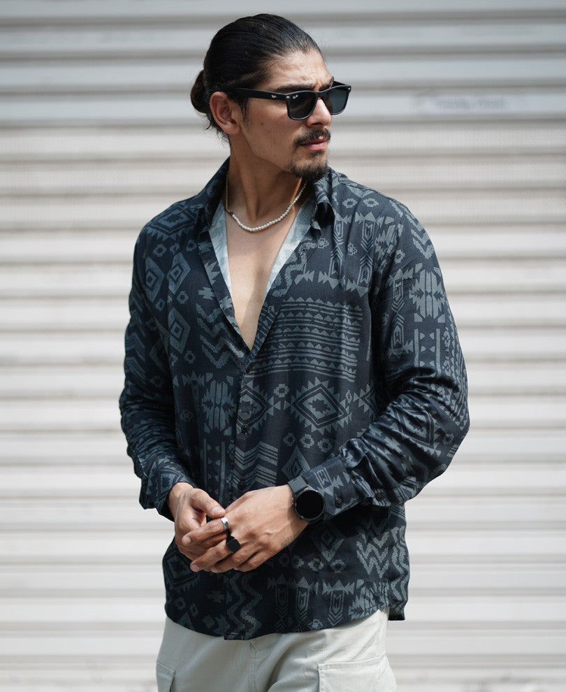 Dark Grey Ethnic Style Print Full Sleeves Shirt