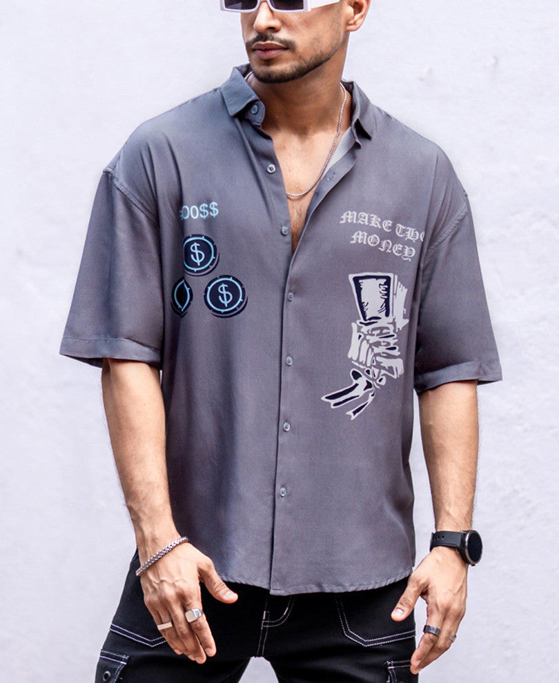 Grey King Print Oversize Drop Shoulder Shirt