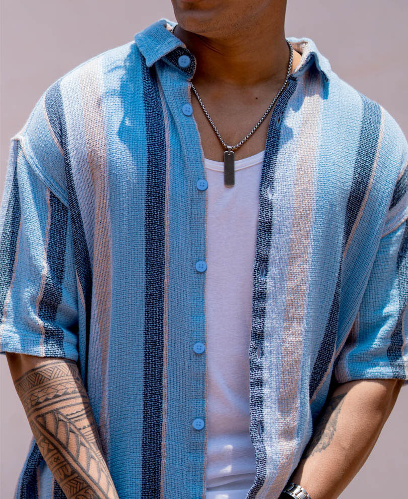 Sky Blue Striped Structured Oversize Drop Shoulder Shirt