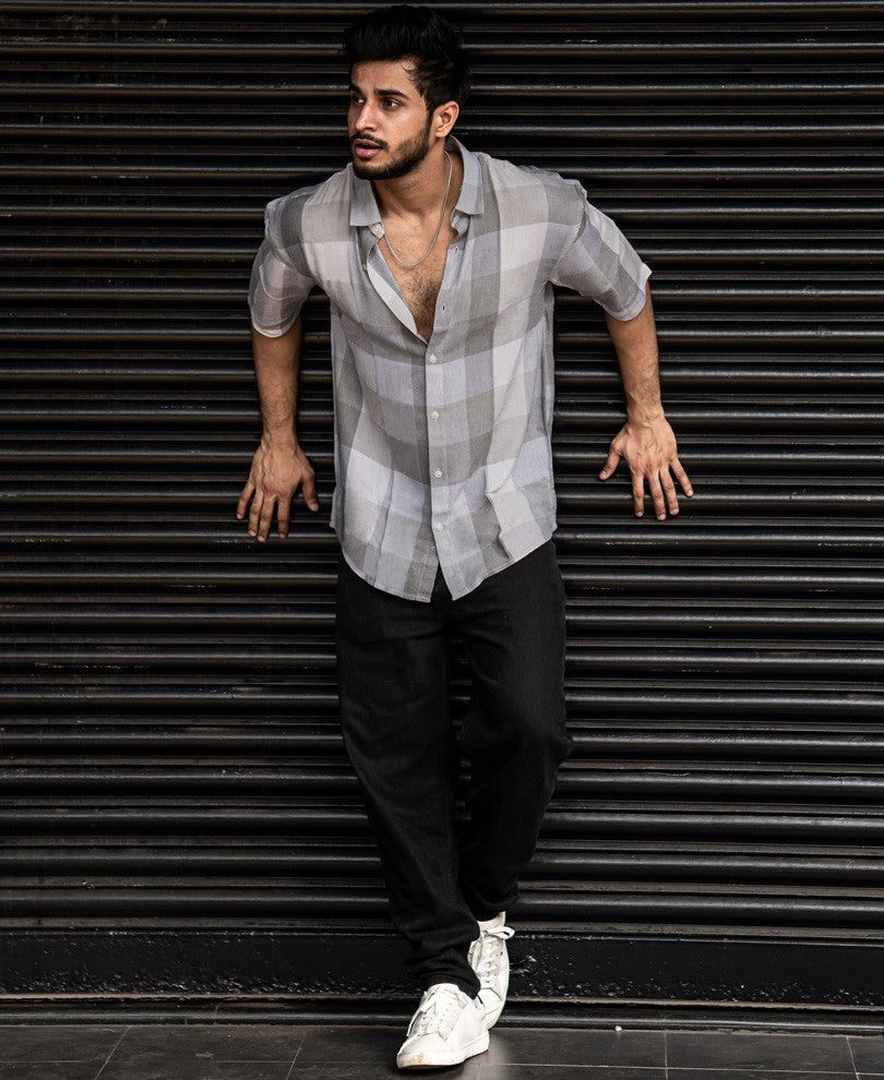 Light Grey Checks Oversize Drop Shoulder Shirt