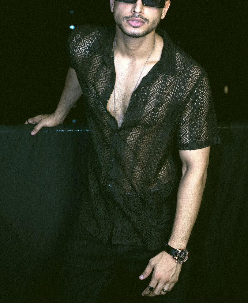 Black Sheer Pattern Half Sleeves Shirt