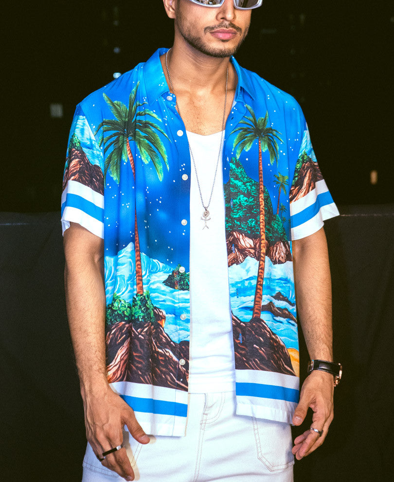 Blue Beach Print Oversize Drop Shoulder Shirt