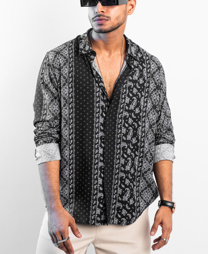 Black Ethnic Motifs Print Oversize Drop Shoulder Shirt