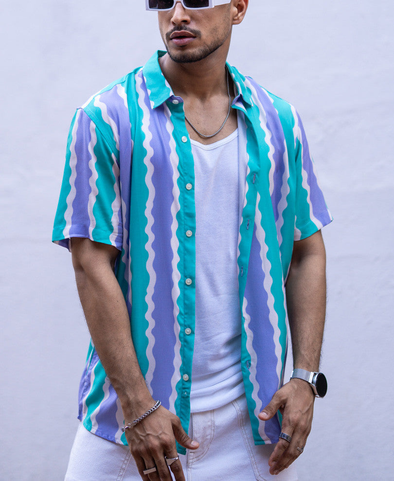 Purple And Green Striped Half Sleeves Shirt