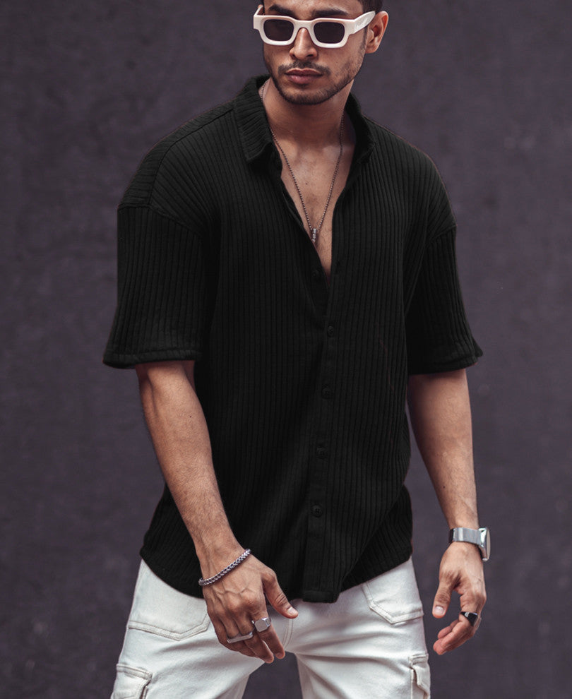 Black Rib-Knit Oversize Drop Shoulder Shirt