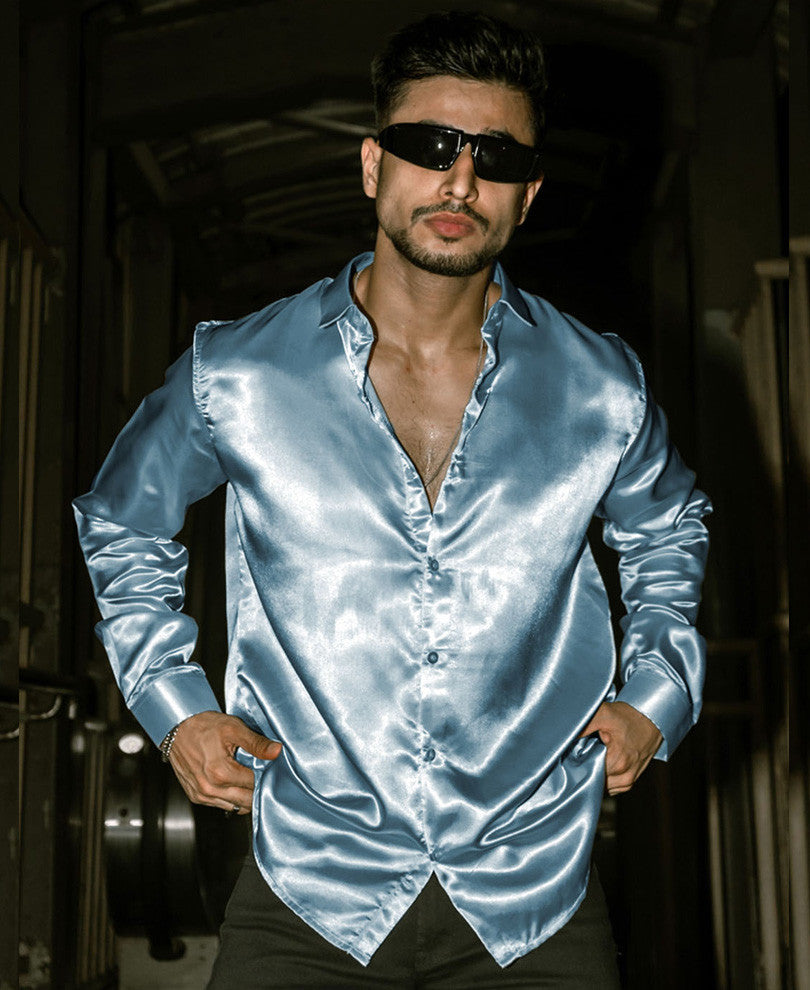 Blue Grey Satin Full Sleeves Shirt