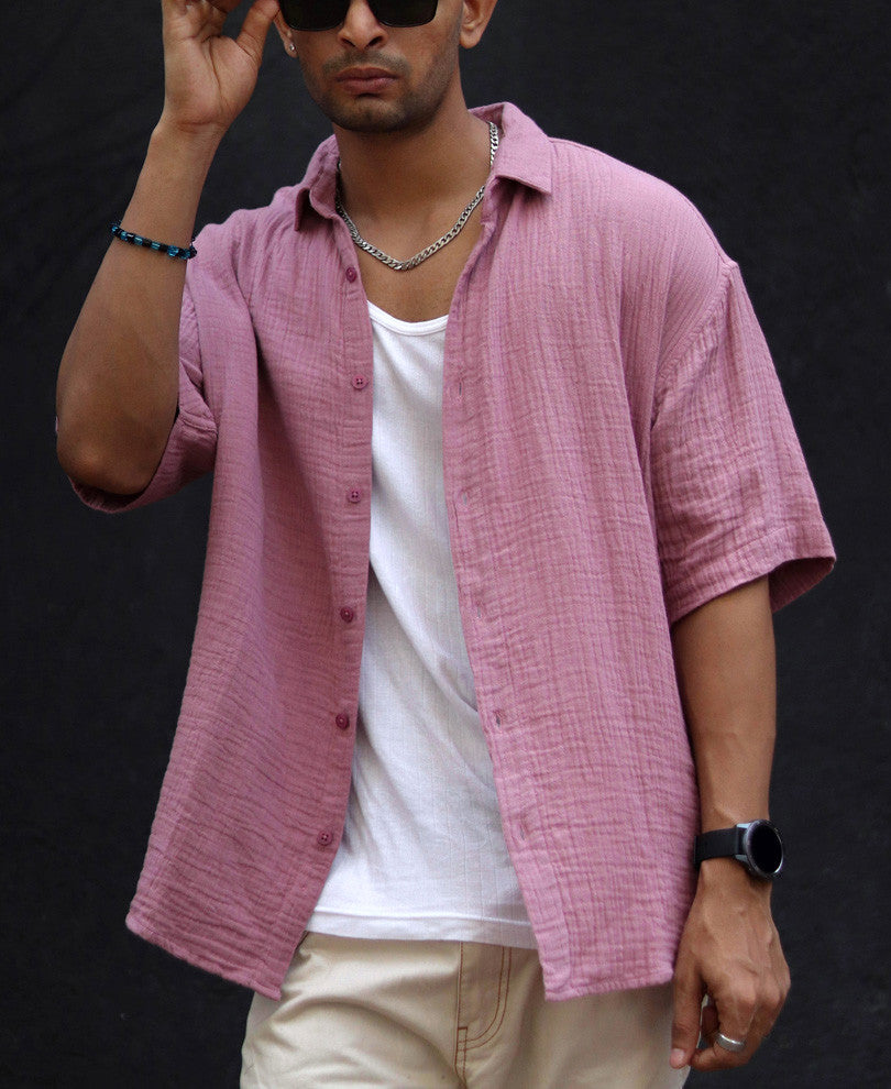 Pink Textured Oversize Drop Shoulder Shirt