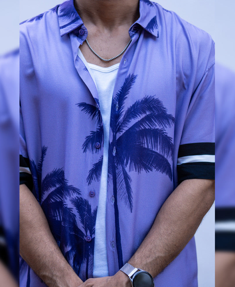 Purple Palm Tree Print Oversize Drop Shoulder Shirt