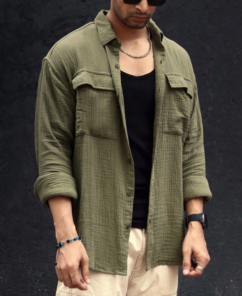 Olive Green Textured Shacket Oversize Drop Shoulder Shirt