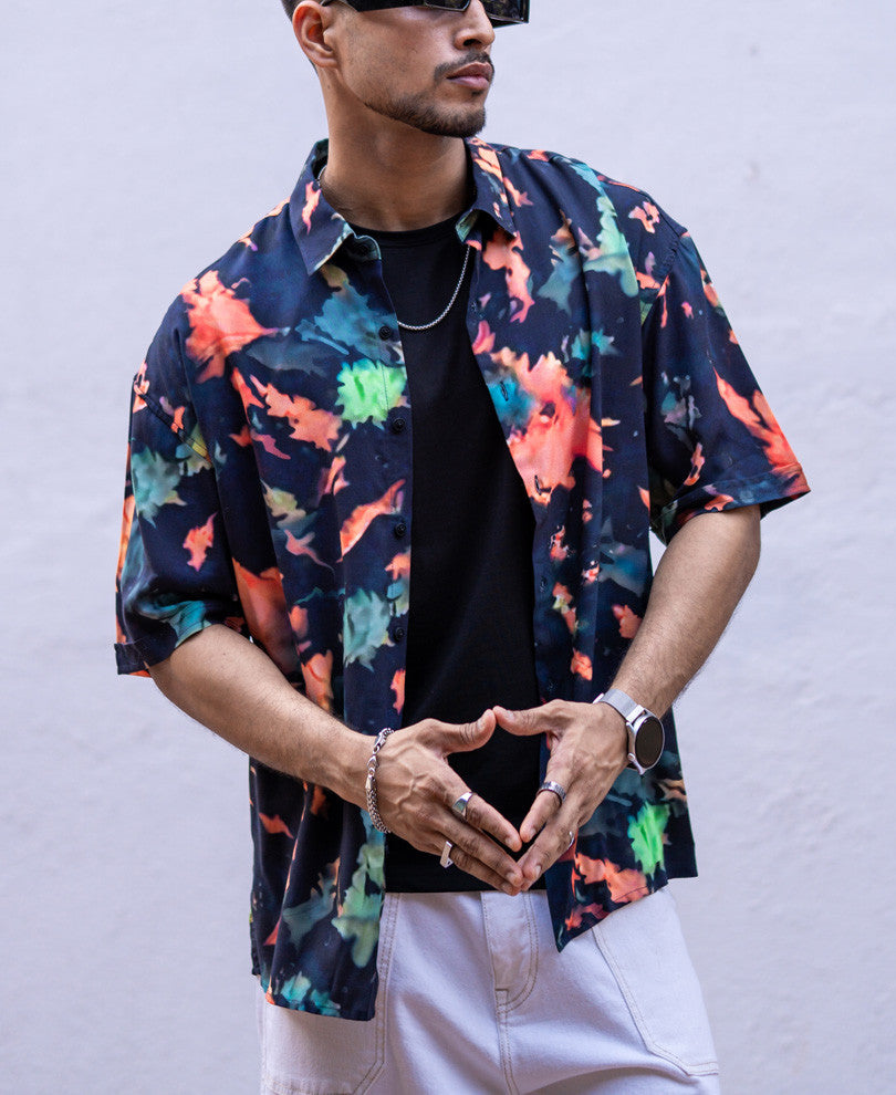 Navy Blue Tie Dye Print Oversize Drop Shoulder Shirt