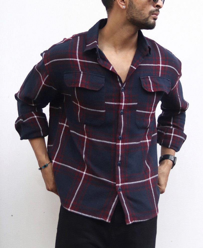 Maroon And Navy Blue Structured Checks Shacket Oversize Drop Shoulder Shirt