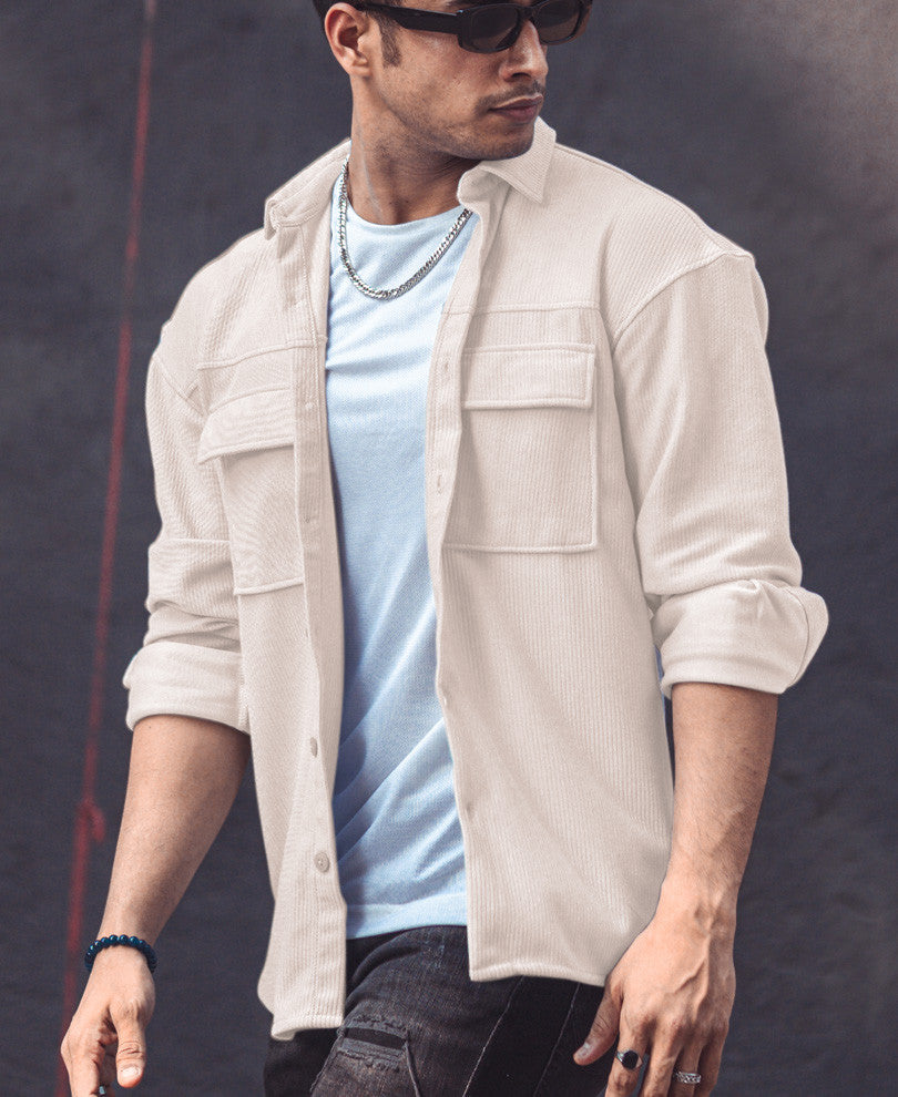 Cream Chest Pocket Shacket Oversize Drop Shoulder Shirt