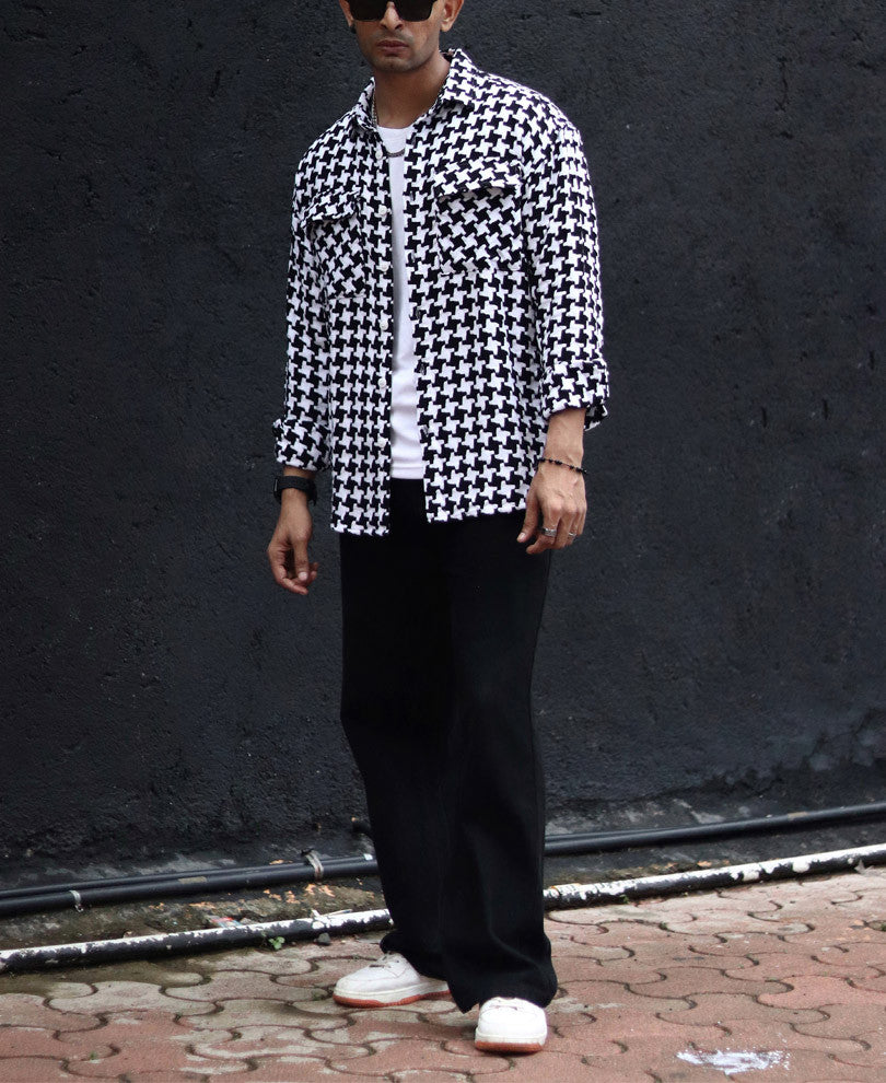 Black and White Houndstooth Printed Shacket Oversized Shirt
