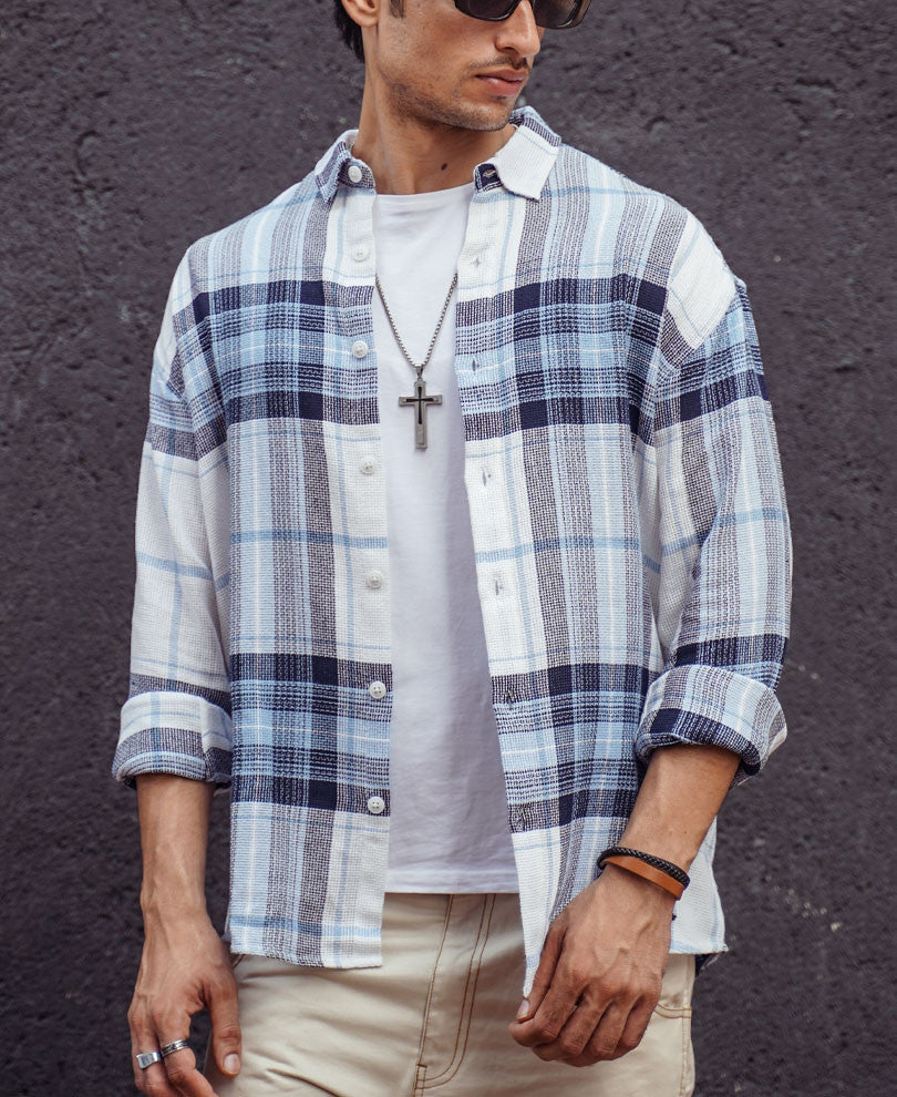 White and Blue Structured Checks Oversize Drop Shoulder Shirt