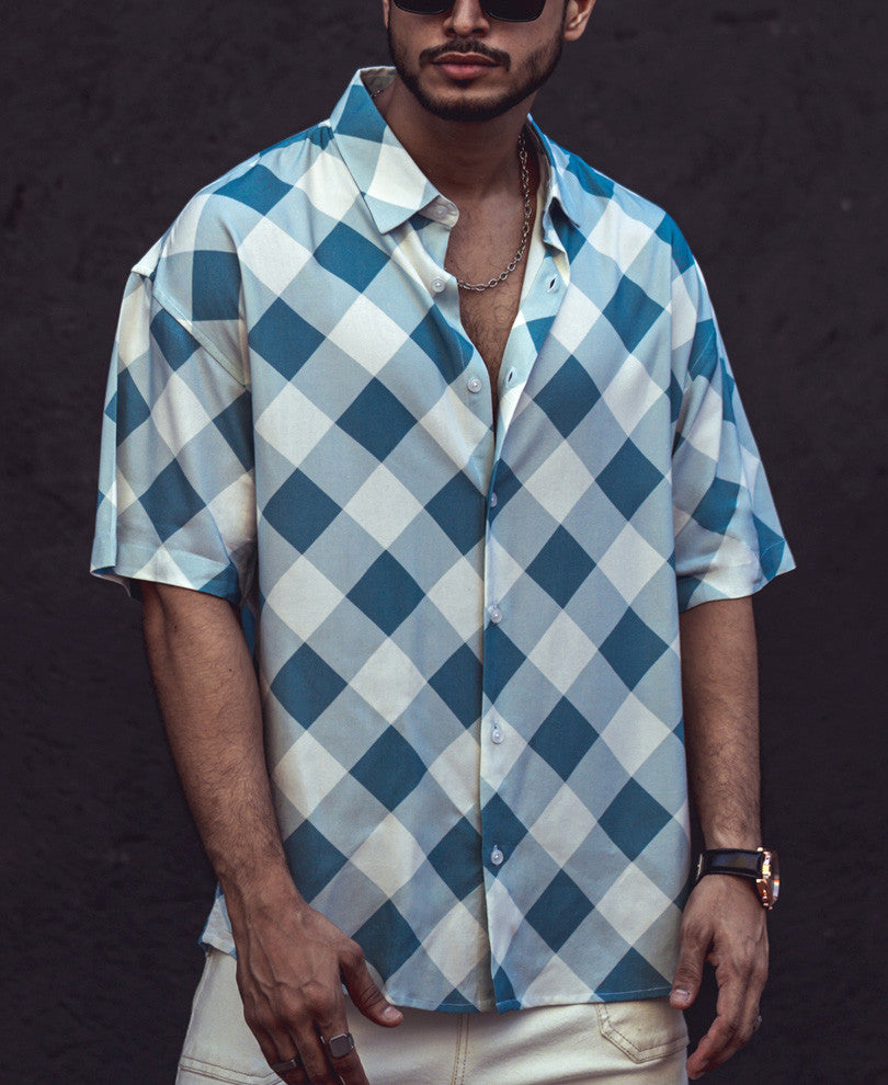 Turquoise Green Checks Oversized Shirt