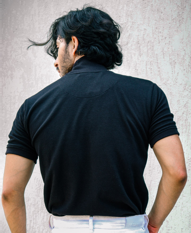 Black Plain Polo Neck Half Sleeves T Shirt