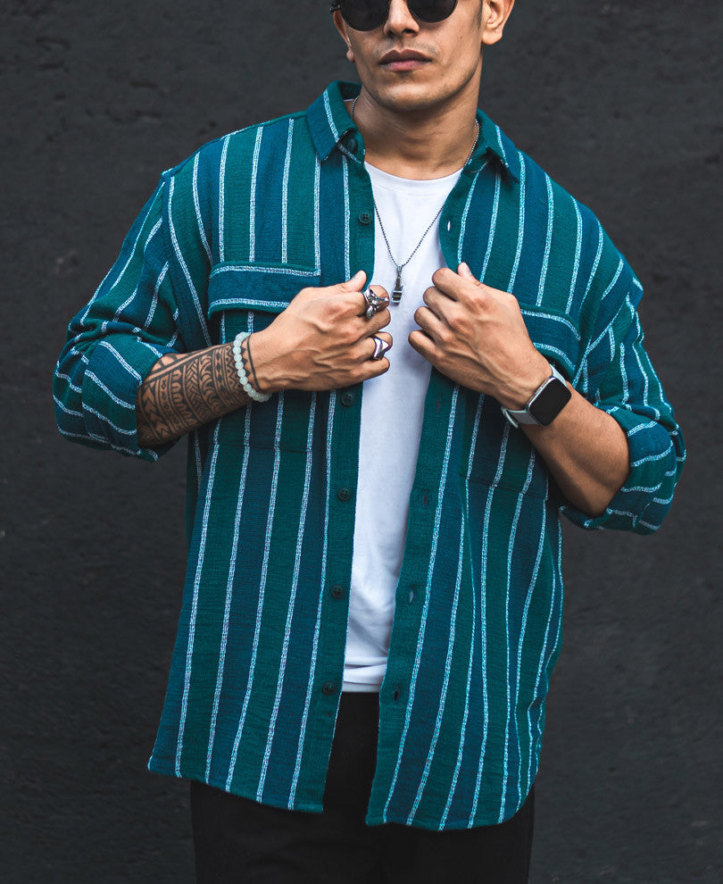 Green and Blue Structured Shacket Striped Oversized Shirt