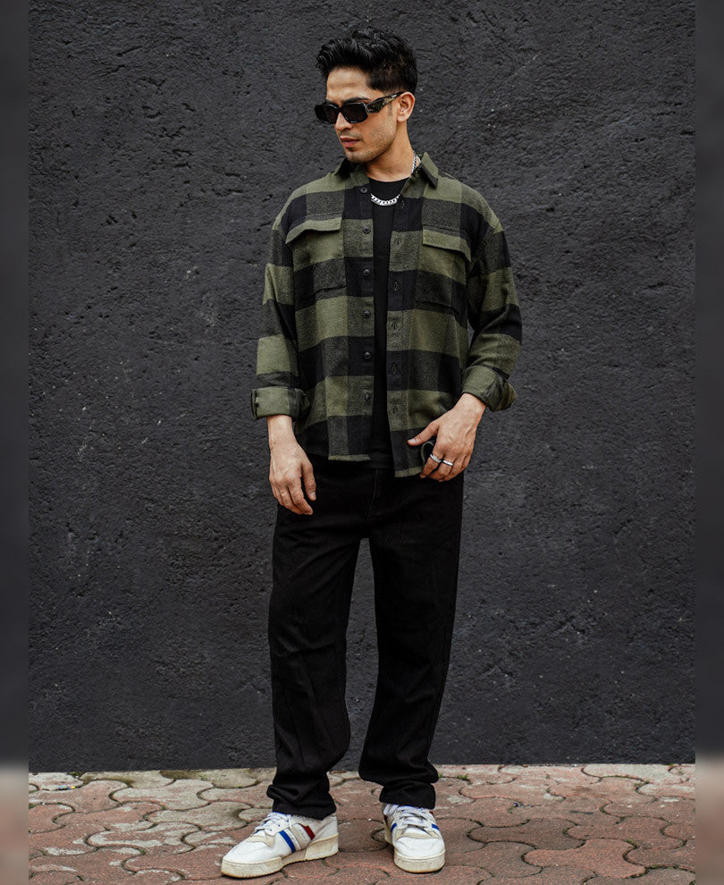Olive Green Flannel Checks Oversized Shirt
