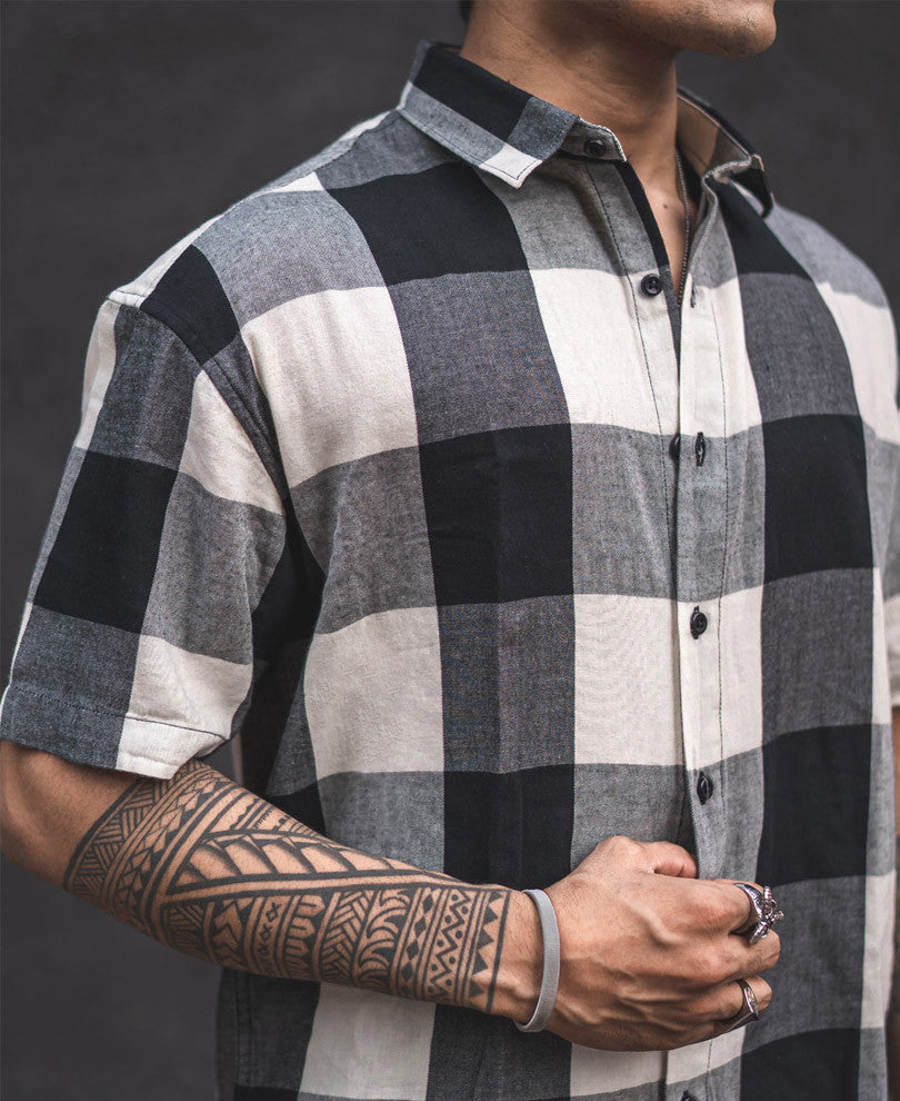Black And Cream Checks Oversize Drop Shoulder Shirt