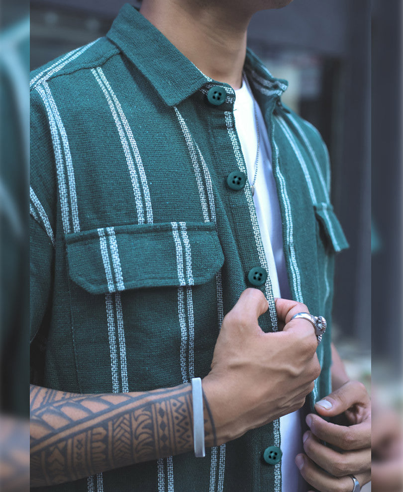 Olive Green Structured Striped Shacket Oversized Shirt