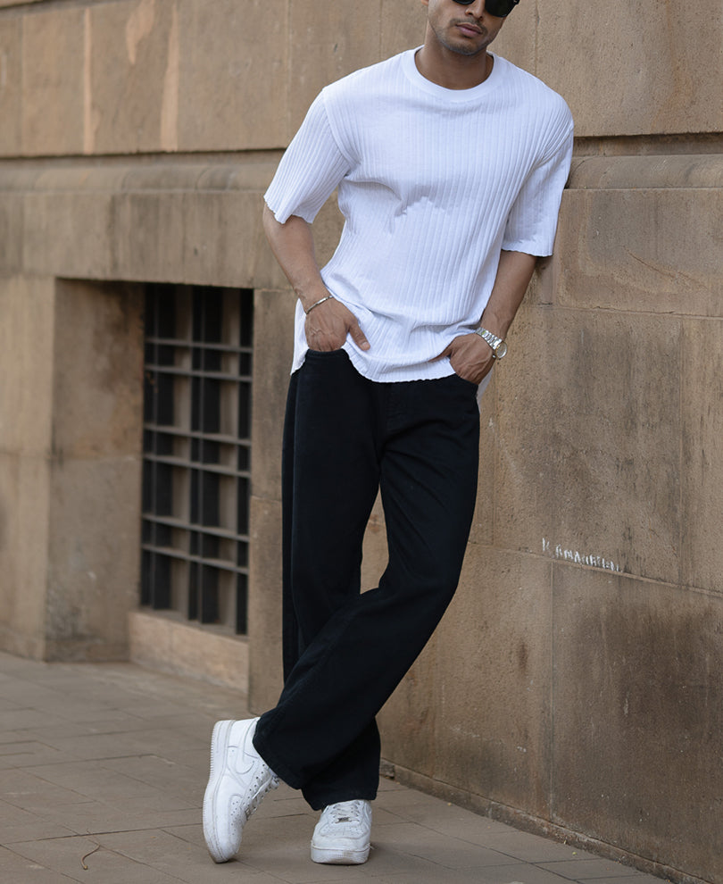 White Rib Knit T-Shirt