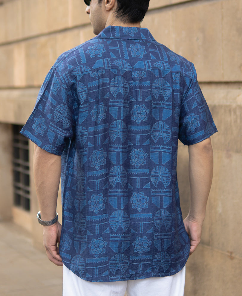 Blue Mask Print Flowy Shirt