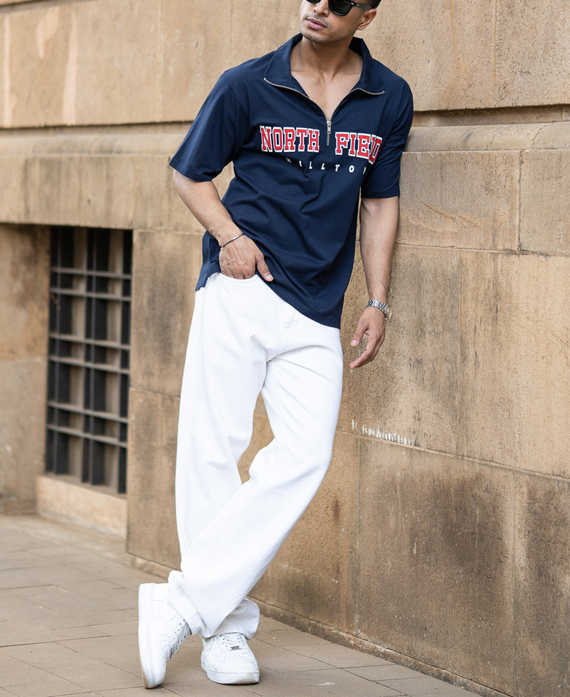 Navy Graphic Zipper Polo T-Shirt