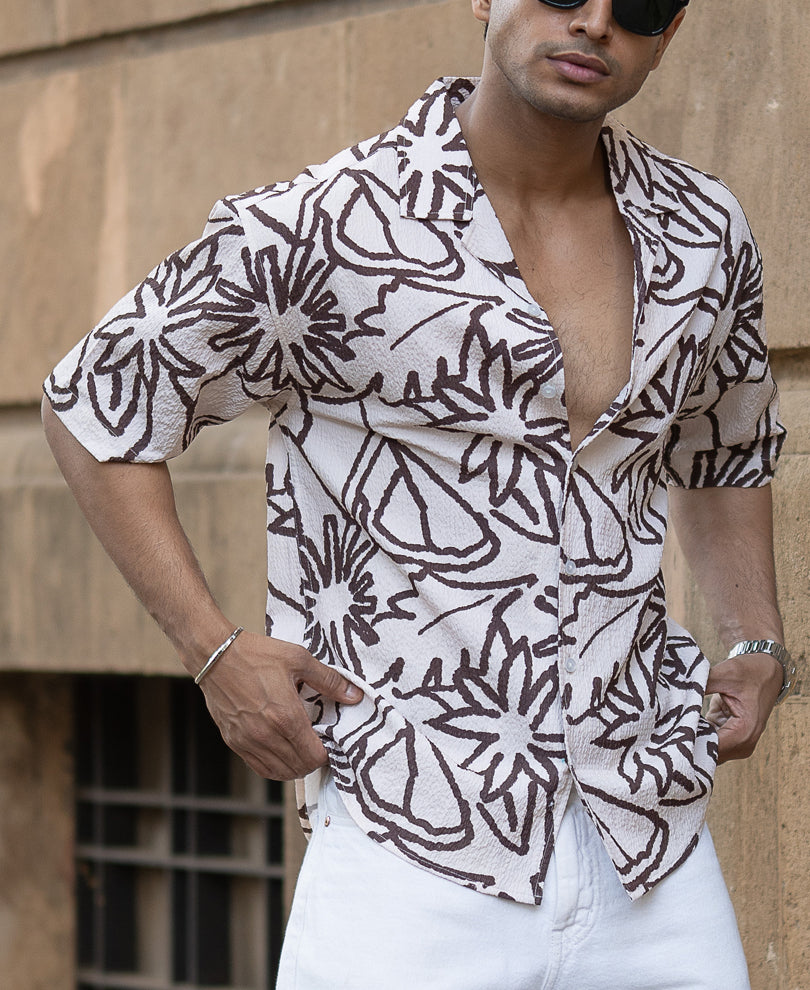 Beige Floral Print Structured Shirt