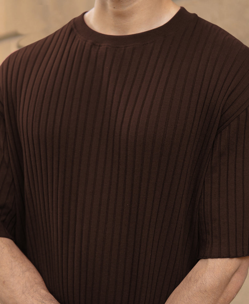 Dark Brown Rib Knit Oversized Half Sleeves T-Shirt
