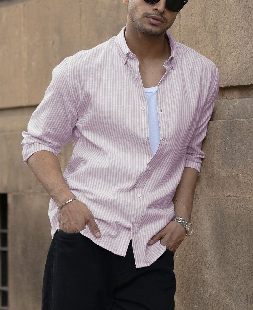 Pink And White Stripes Regular Fit Full Sleeves Shirt