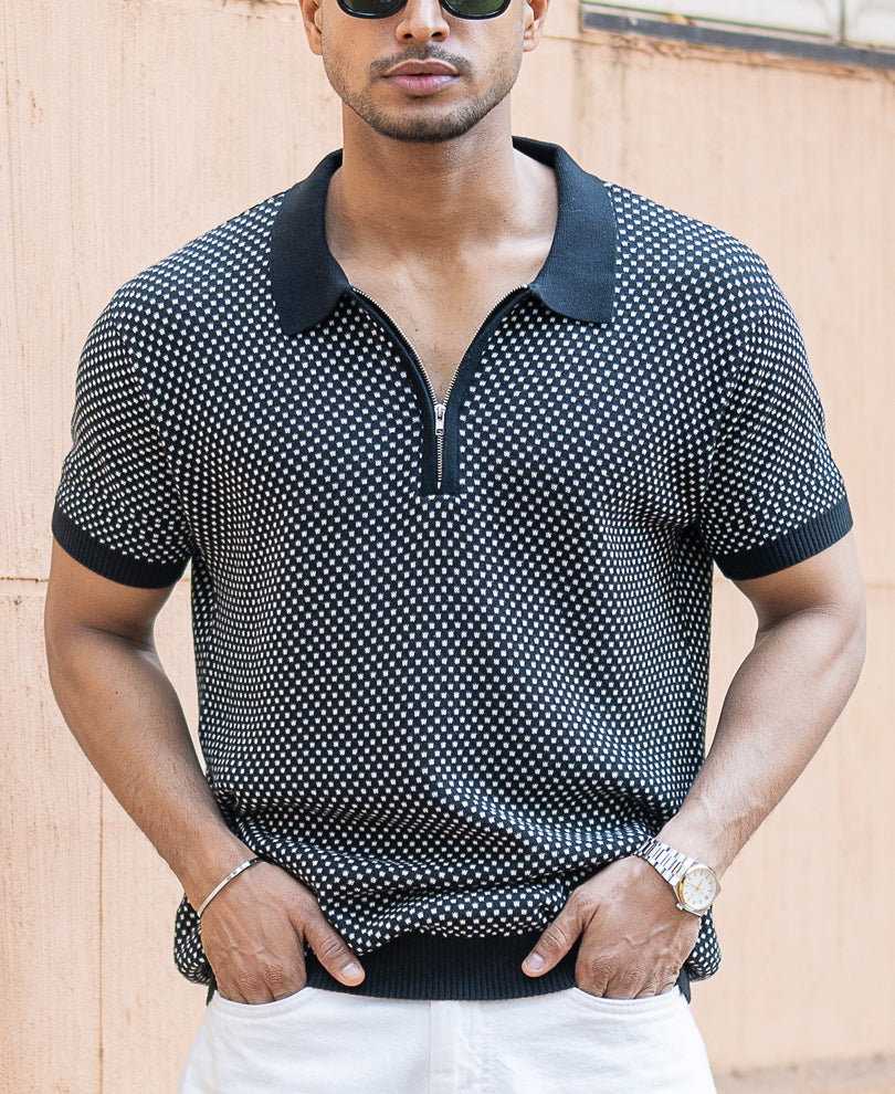 Black Jacquard Knit Polo T-Shirt
