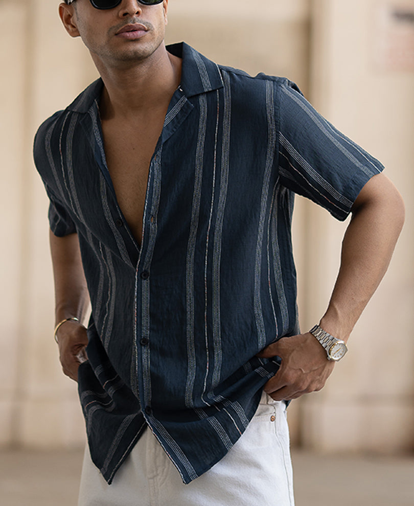 Navy Micro Striped Flowy Shirt