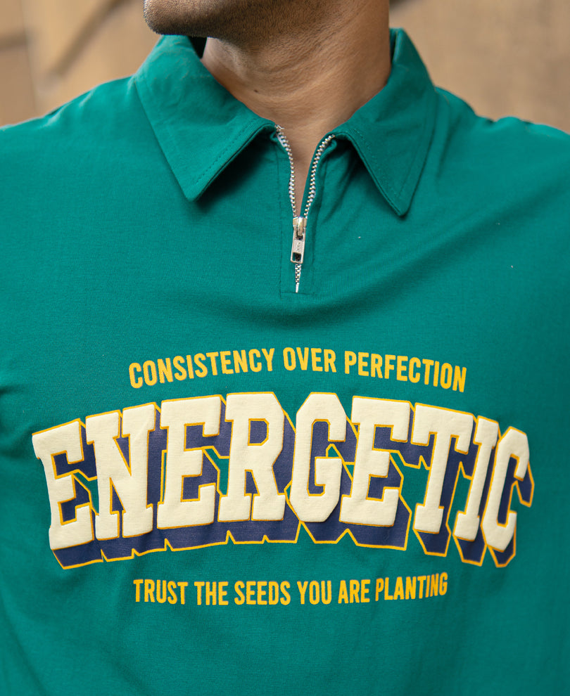 Teal Graphic Zipper Polo T-Shirt