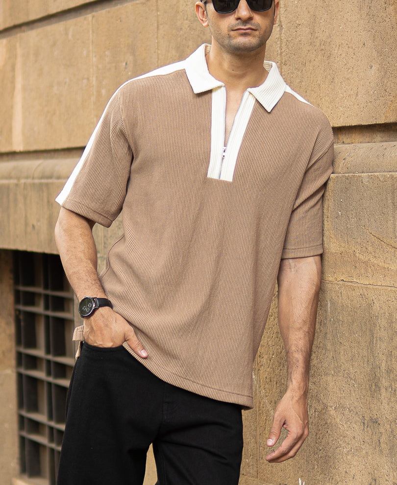 Beige Colour Blocked Polo T-Shirt
