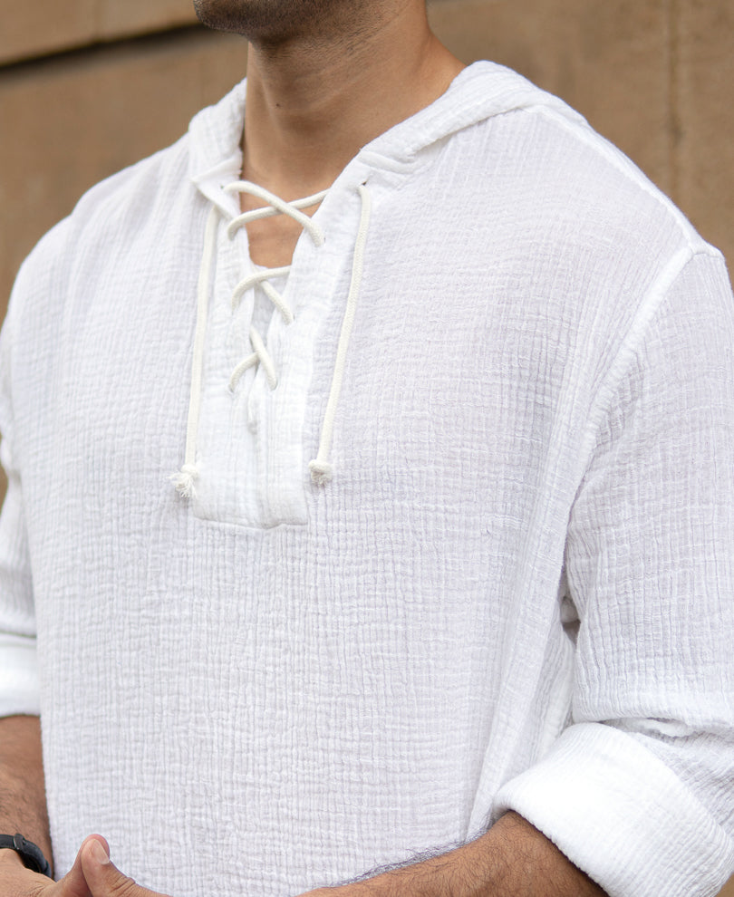 White Crinkled Hooded Shirt