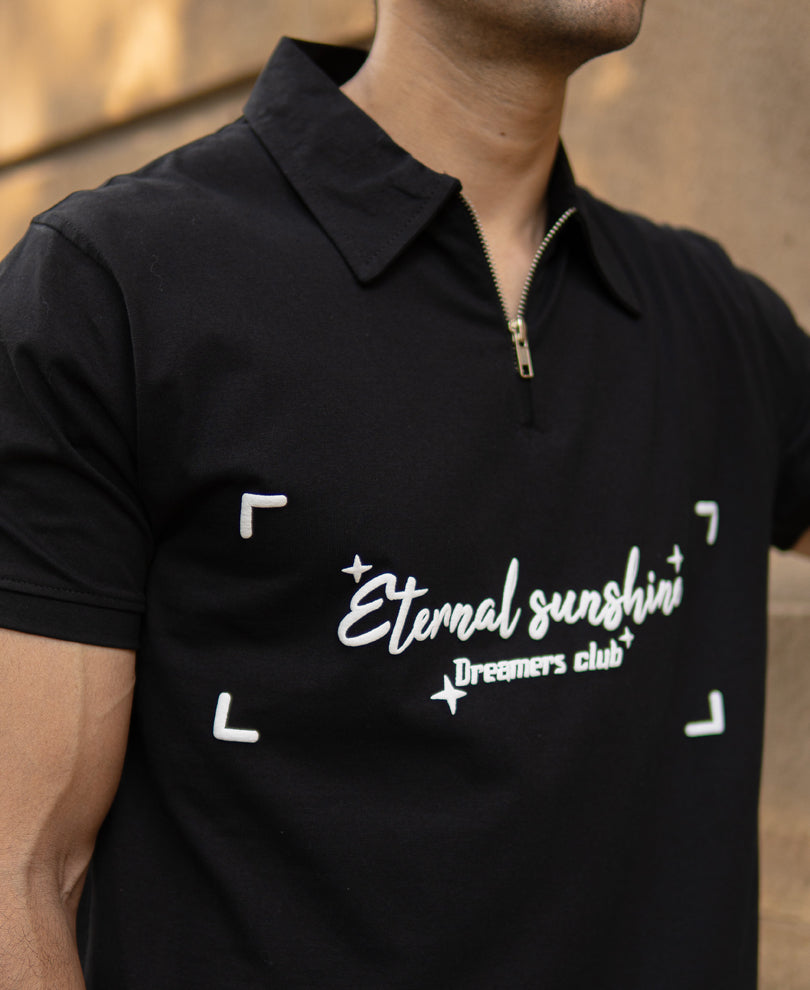Black Printed Zipper Polo T-Shirt