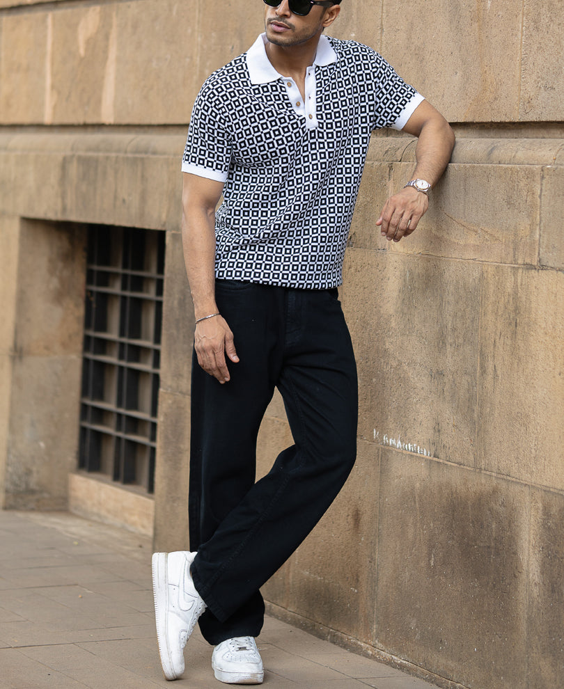 Black Jacquard Contrast Collar T-Shirt