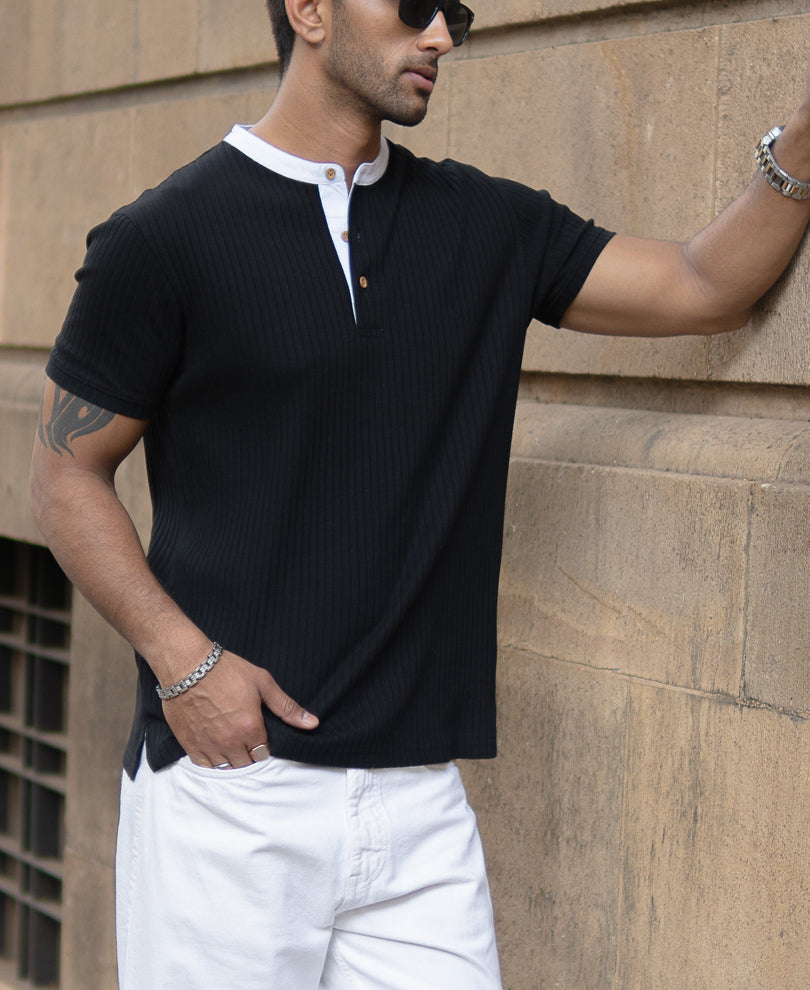 Black Contrast Collar Henley T-Shirt
