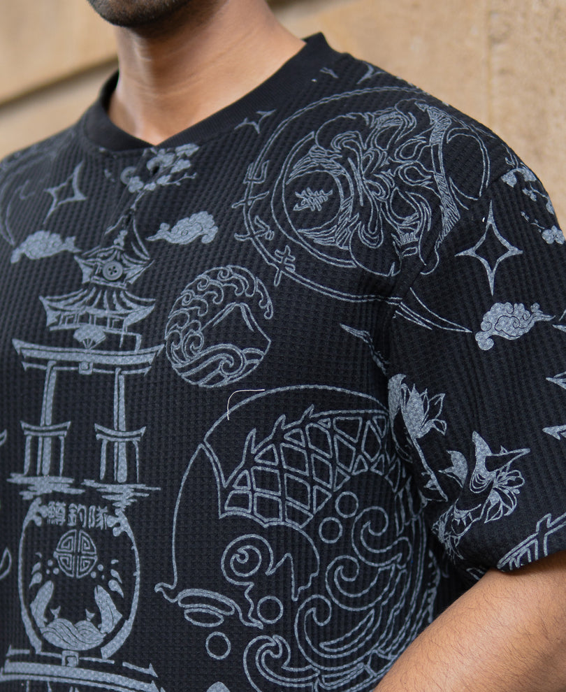 Black Japanese Print Henley T-Shirt